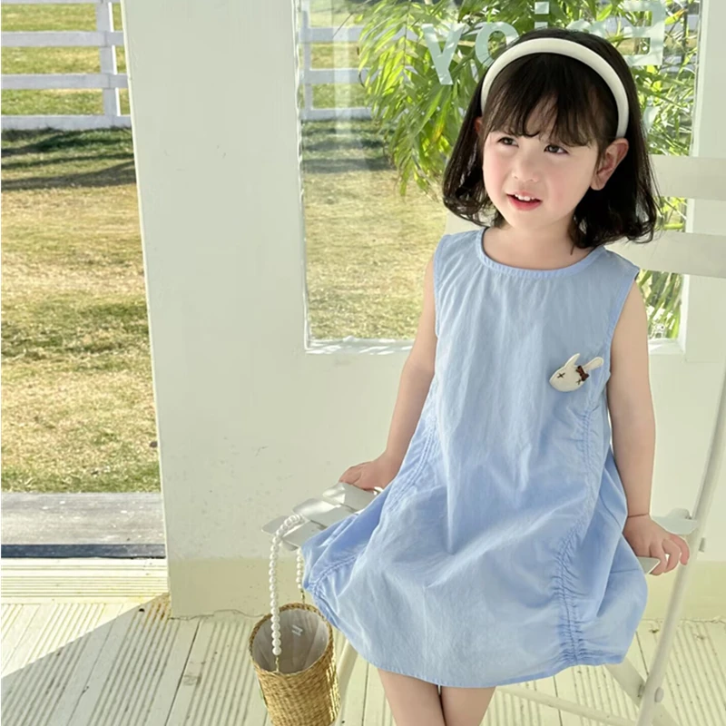 

Summer Children Beach Dresses Girls Dress Cotton Cartoon Young Kids Girls Dress Solid Color Sleeveless Loose Baby Girls Dress