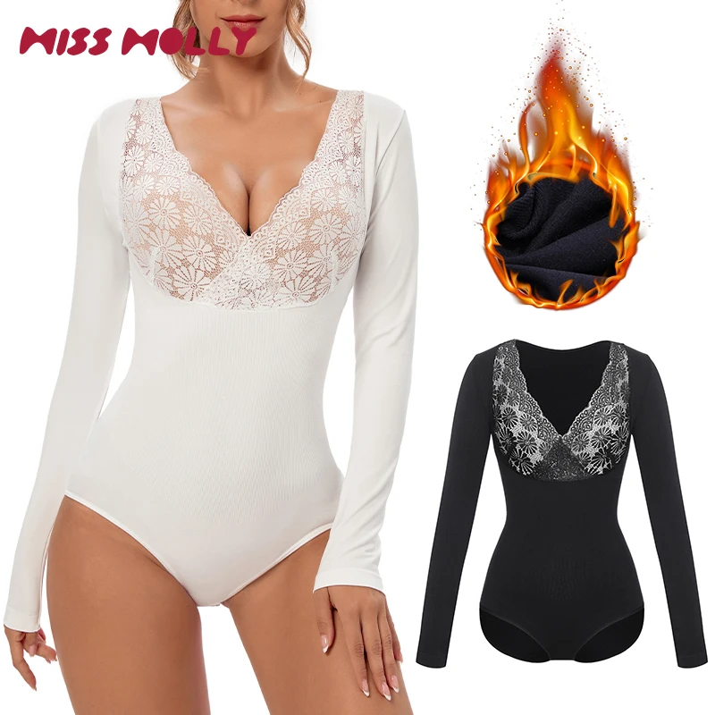 

Sexy Lace Bodysuit Women Shapewear Autumn Winter Tummy Control Thermal Underwear Scoop V Neck Butt Lifter Body Shapers Warm Faja