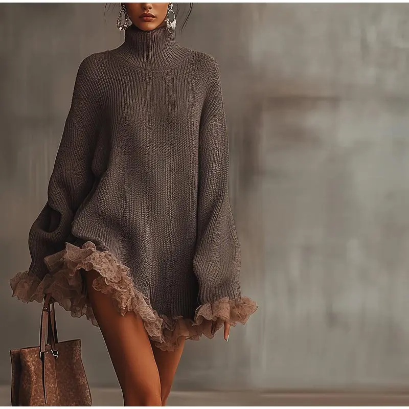 Taupefarbenes Rollkragen-Strickkleid für Damen, gerüschter Spitzensaum, volle Ärmel, Kleider 2026, Frühling, Herbst, weiblich, lässig, Ausflüge, tägliches Passend – Detail 7