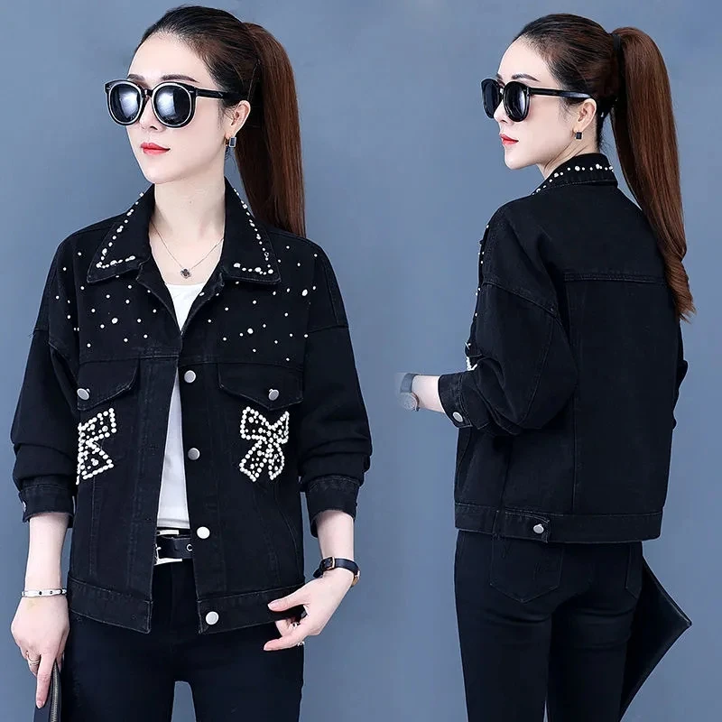 

Jean Jackets Female 2022 Spring Autumn Bow Beaded Casual Jean Outwear Commuting Loose Large Size Korean Denim Jackets Womens
