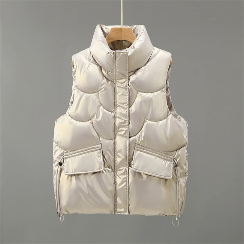 Down Jacket Womens Sleeveless Warm Puffer Vest Outerwear Stand Collar Zipper Up Shiny Solid Padded Gilet Waistcoat with Pockets - 4