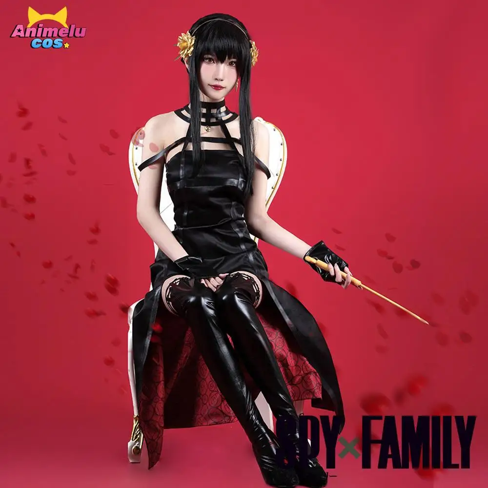 Anime Spy Family Yor Forger Cosplay Killer Assassin Gothic Halter Black Dress Outfit Cosplay Costume with Leather Stockings