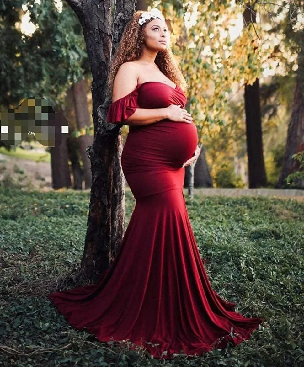 

Shoulderless Maternity Dresses For Photo Shoot Sexy Ruffles Sleeve Pregnancy Dress New Maxi Gown Pregnant Women Photography Prop