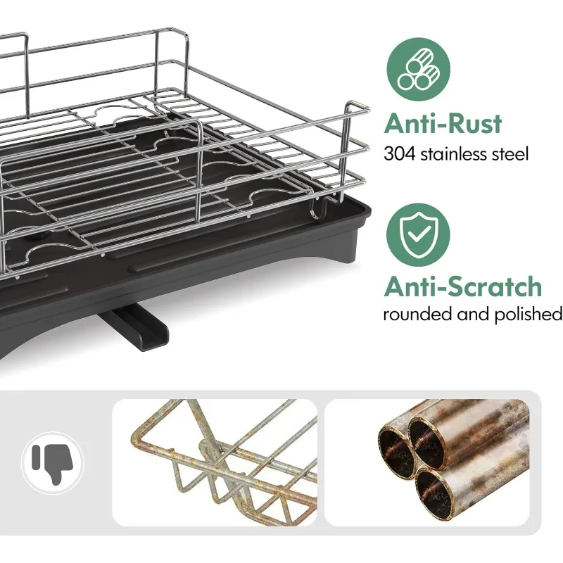 Dish Drying Rack, Large Rack and Drainboard Set with Swivel Spout, Kitchen Counter Wine Glass Holder, Utensil Mat