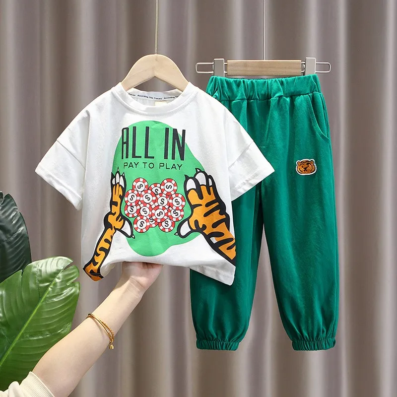 

Casual Fashionable Children's Suit 2-11Y Cartoon Boys Clothing Sets Summer Short Sleeve Cotton Baby Tops + Cropped Pants 2Pcs