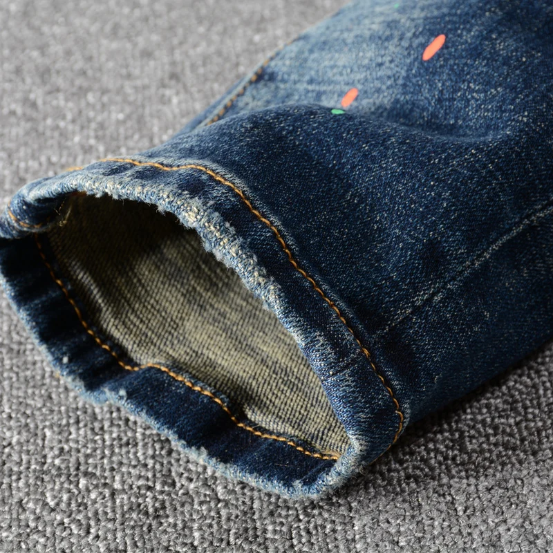 Street Fashion Men Jeans Retro Blue Stretch Slim Fit Painted Ripped Jeans Men Spliced Designer Hip Hop Denim Biker Pants Hombre men jeans ripped jeans ripped patchwork jeans