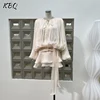 KBQ Solid Patchwork Lace Up Loose Dresses For Women O Neck Long Sleeve High Waist Spliced Folds Temperament Dress Female Fashion 1