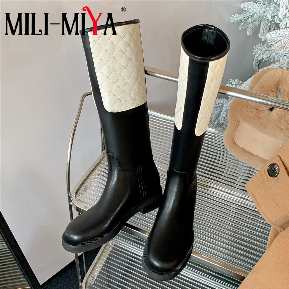 

MILI-MIYA Fashion Slip On Wide Boot Shaft Women Cow Leather Knee High Boots Mixed Color Thick Heels Round Toe Size 34-40 Hand