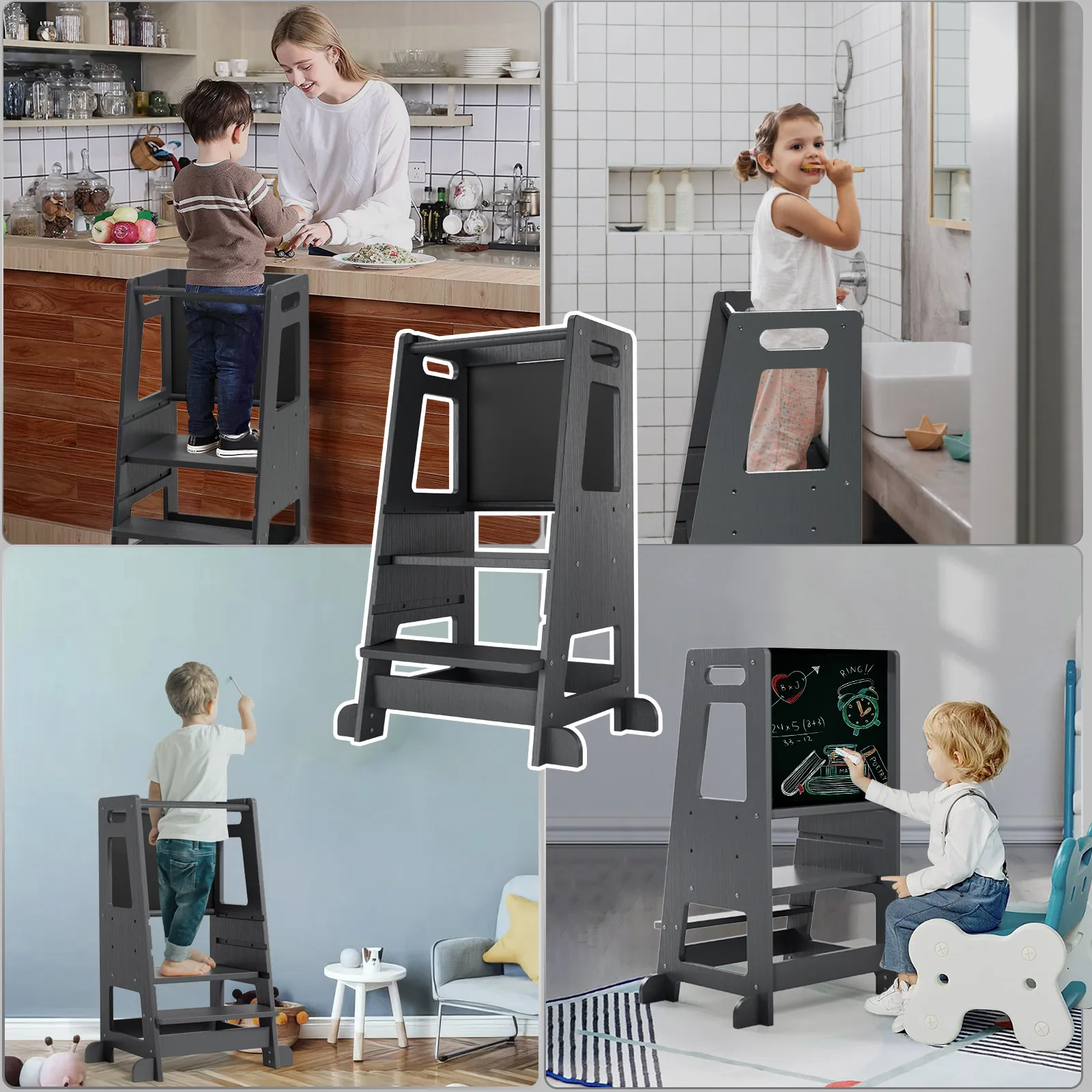 Montessori-Beobachtungsturm, Lernturm für Kinder von 1–3 Jahren, Küchenhelfer mit verstellbaren Regalen und Tafel – Detail 11