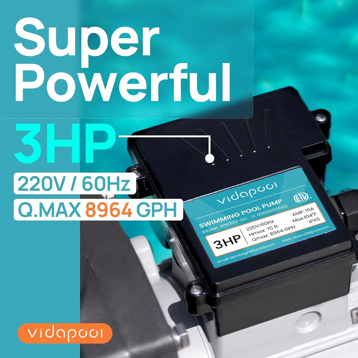 3 HP Pool Pump 8964GPH 220V 2 Adapters Powerful In/Above Ground Self Primming Swimming Pool Pumps with Filter Basket