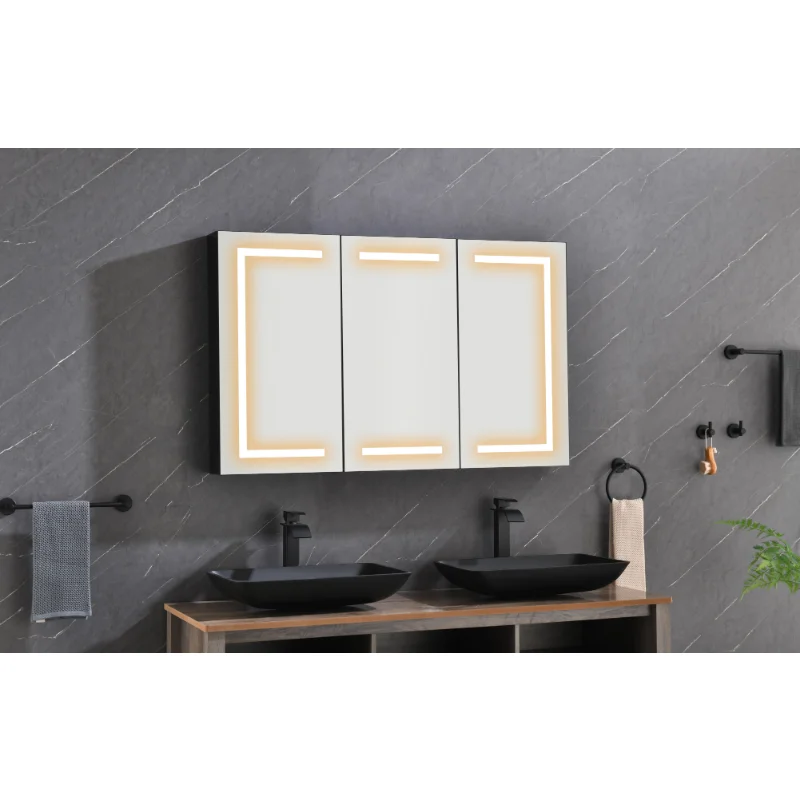 Botiquín con luces, 36 x 30 pulgadas con espejo, armario de espejo de baño  de 2 puertas con 2 salidas y puertos USB, desempañador, atenuador, reloj y