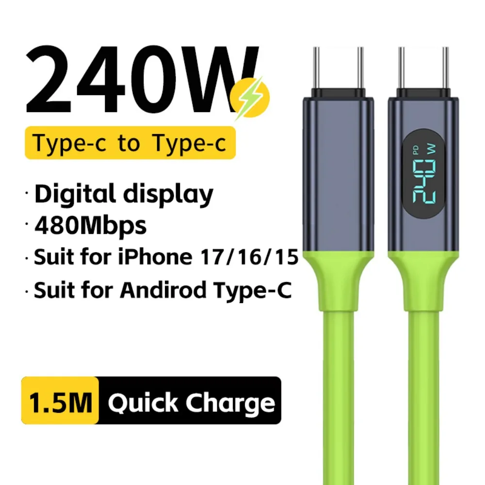 PD 240W USB A to C 케이블 전력 표시 기능이 있는 고속 충전기 아이폰 17 16 15 삼성 안드로이드 듀얼 타입-C 전송 코드