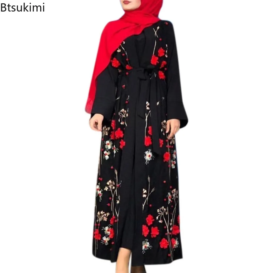 Ramadan Eid Women Muslim Flower Cardigan Embroidery Long Dress Abayas Islam Clothing Robe Arab Turkey Kaftan Vistidos Musulmana
