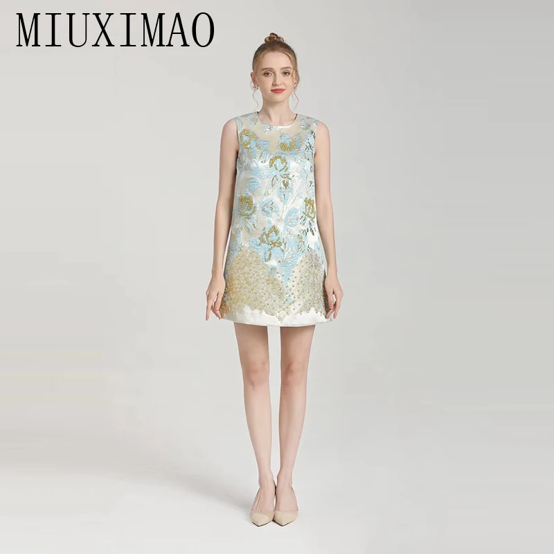 

MIUXIMAO 2022 High Quality Autumn&Winter Elegant Dress Sleeveless O-Neck Jacquard Print Diamond Casual Mini Dress Women Vestide