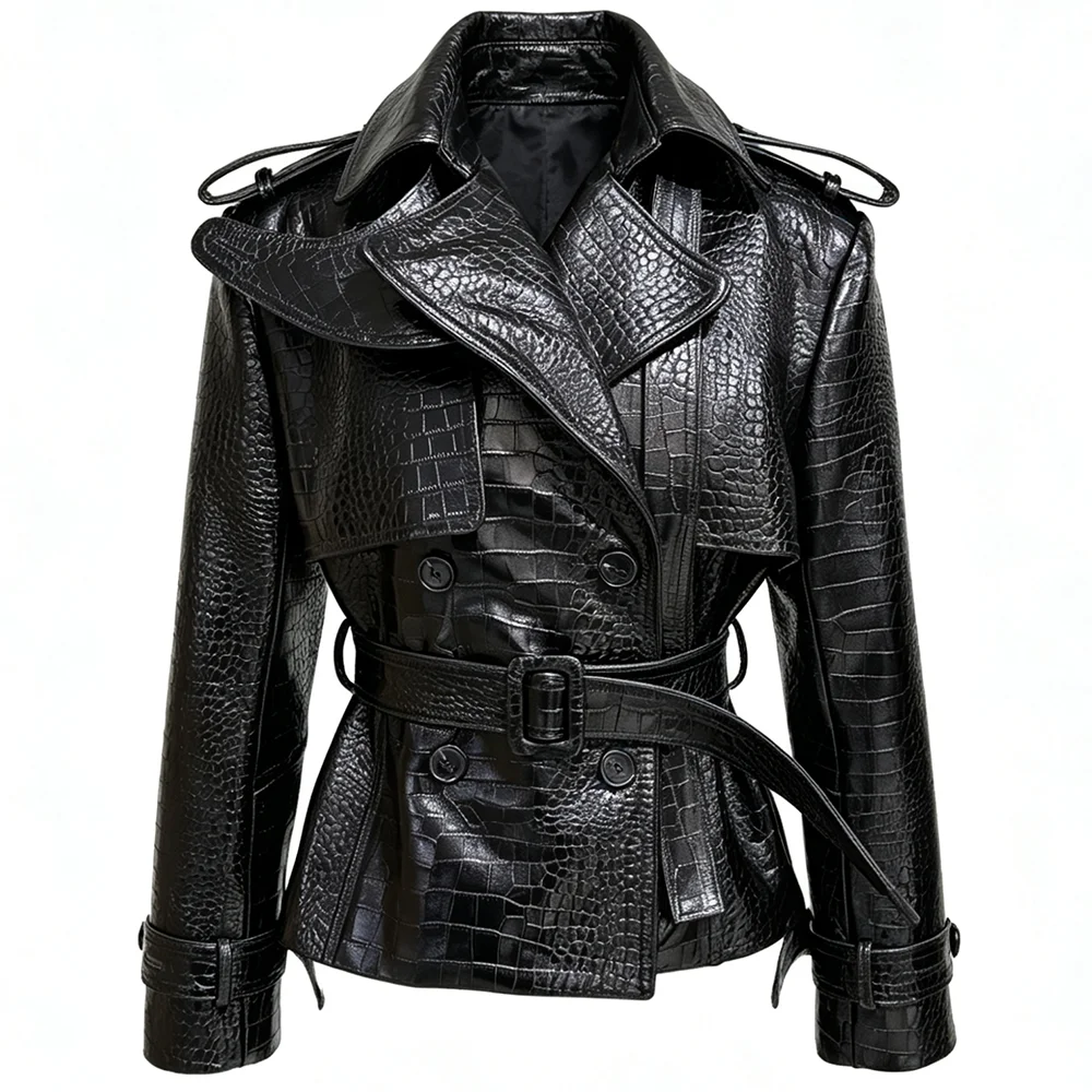 YOLOAgain Double Breasted Croc Pattern Leather Jacket Women 2026 Autumn New Genuine Leather Jacket Ladies