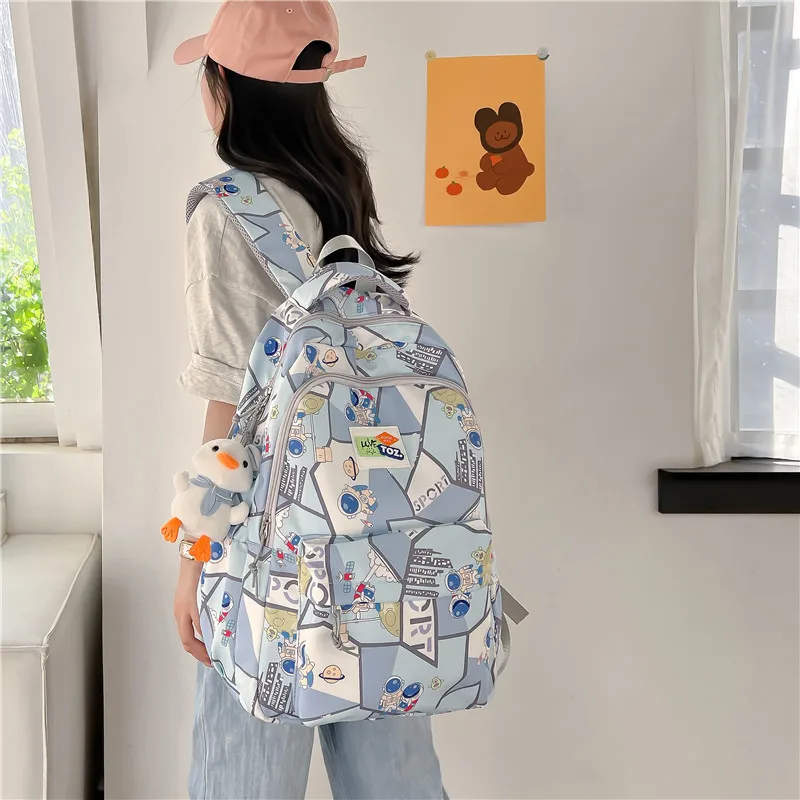 Cartoon Print Student Backpack 2023 New Trendy Contrast Color Stitching Teenager School Bag Large Capacity Casual Backpack
