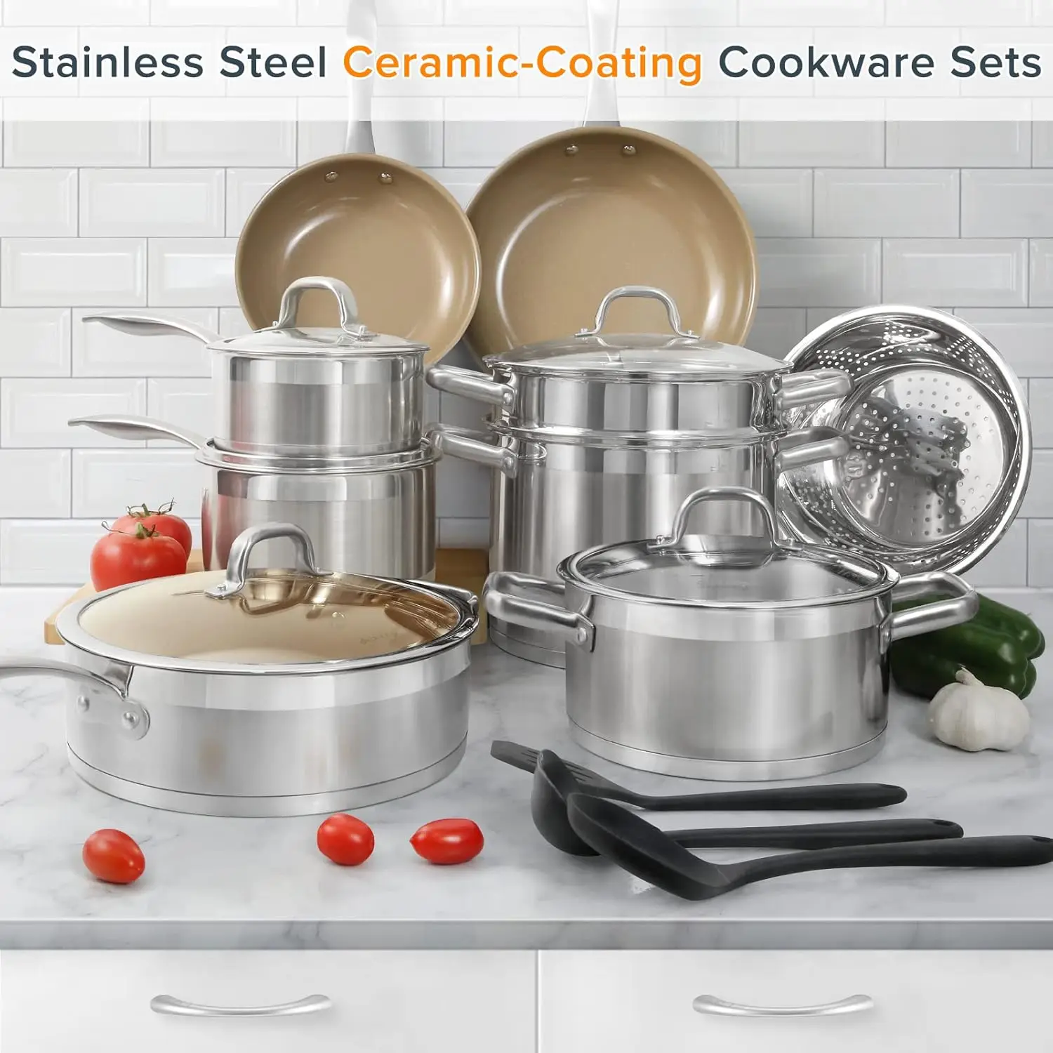 Professional Stainless Steel Induction Cookware Set, Stainless Steel Ceramic Nonstick Pan Set, Impact-bonded Technol 2