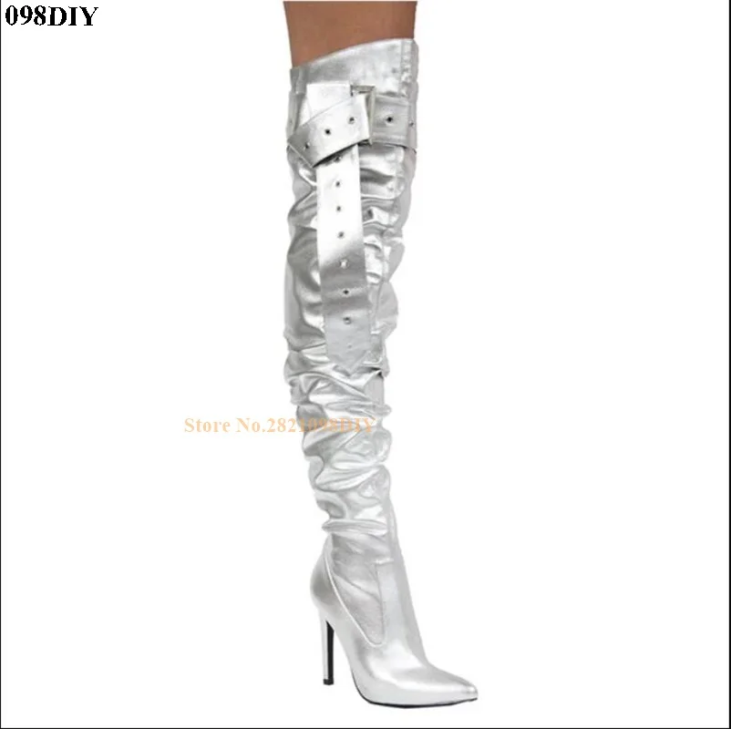 

Slouchy Buckle Thigh High Boots Silvery Mirror Leather Over The Knee Boots Long Strap Pointy Toe Stilettos Pumps Long Booties