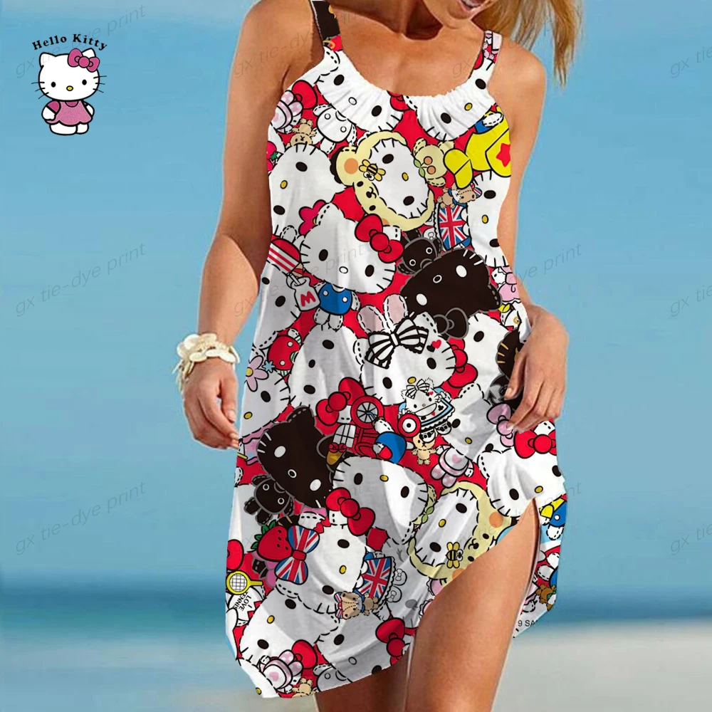 

Hello Kitty Print Women's Casual Sleeveless Summer Dress, Crew Neck T-Shirt Dress, Summer Swing Dress, Swimsuit Beach Dress