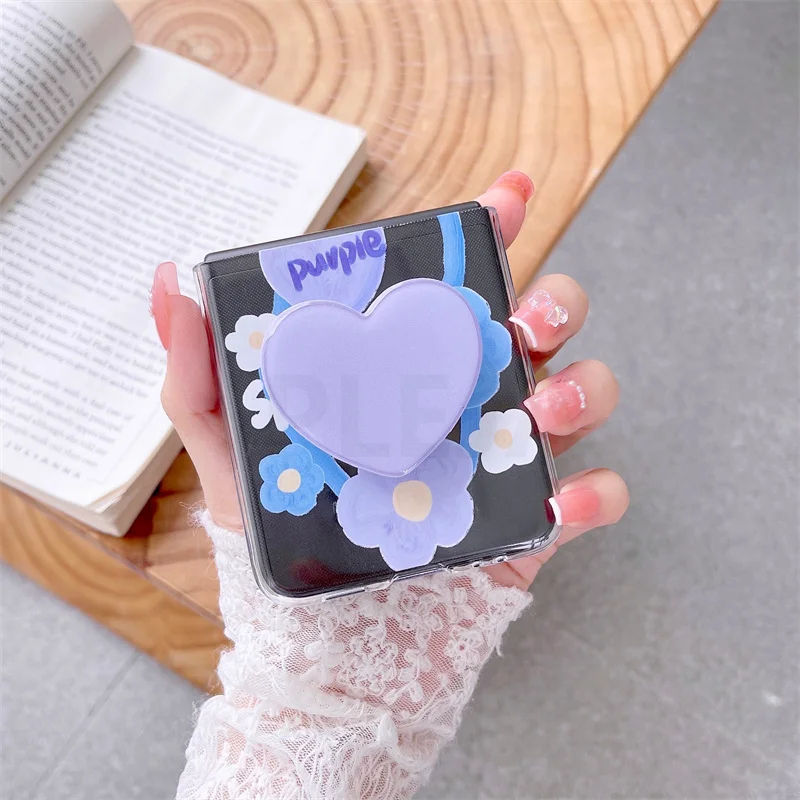 Cute Cartoon Bear Phone Stand Case For Samsung Galaxy Z Flip 3 5G Hard PC Cover Holder For ZFlip3 Flip3 Shell Love Heart Bracket samsung flip3 case