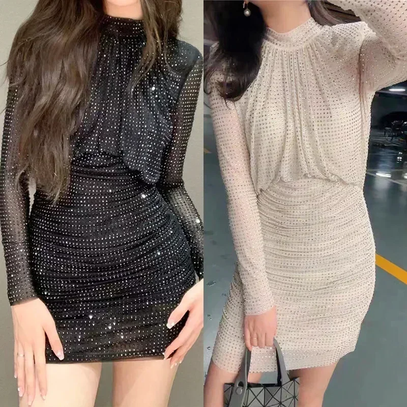 

Autumn and Winter Classic Heavy Industry Hot Diamond Pleated Waist Bag Hip Skirt Shiny Party Dress