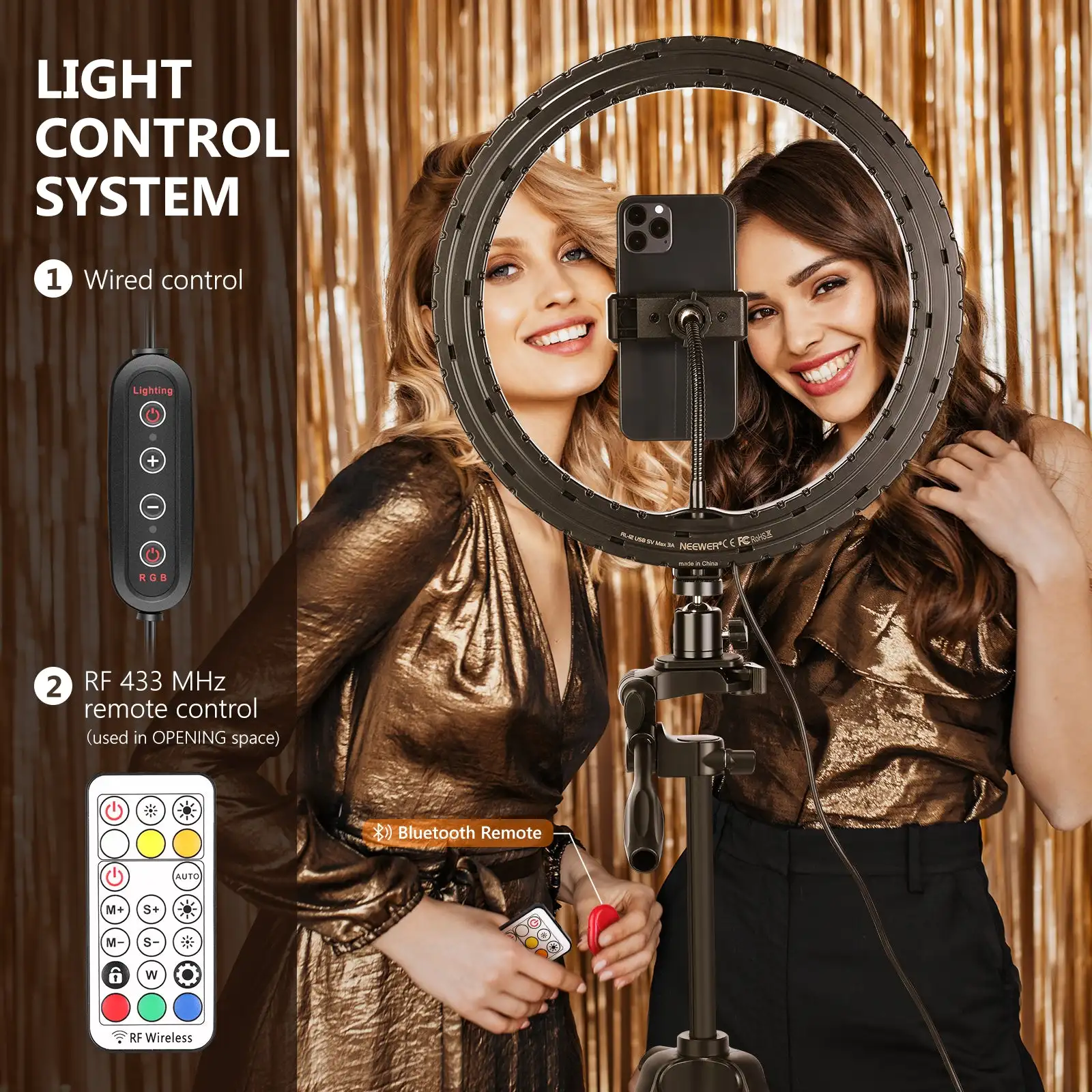 NEEWER RGB LED 링 라이트, USB 밝기 조절, 사진 스튜디오 필 램프, 삼각대 스탠드, 433MHz 리모컨, 10 인치