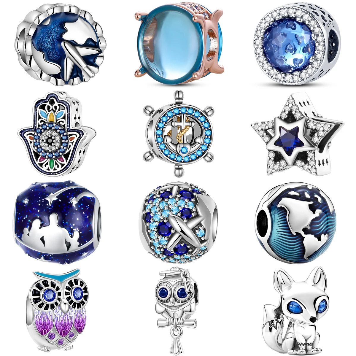

925 Sterling Silver Hand Owl Fox Aircraft Blue Beads charms Fit Pandora 925 Original bracelets Jewelry for Women