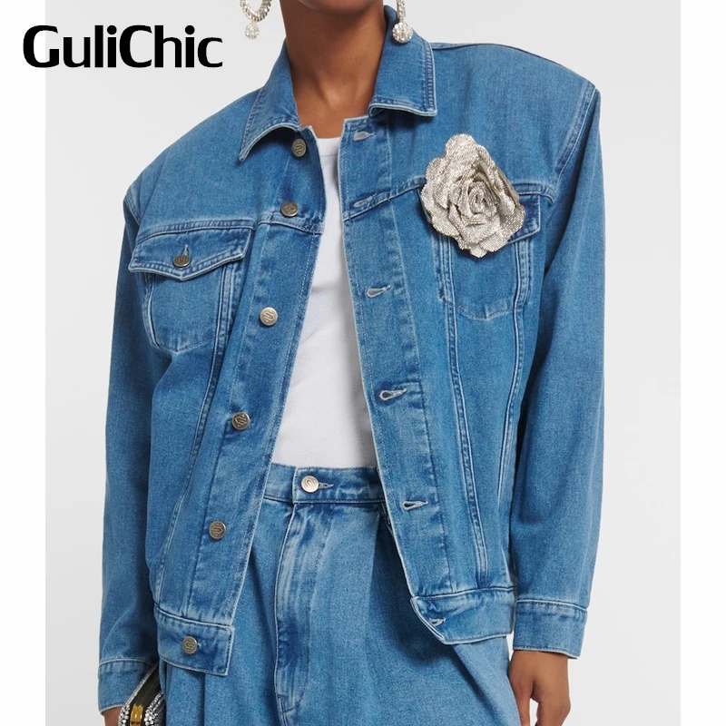 

9.20 GuliChic Women Elegant Chic Three-Dimensional Rhinestone Flower Decoration Shoulder Pads Denim Jacket