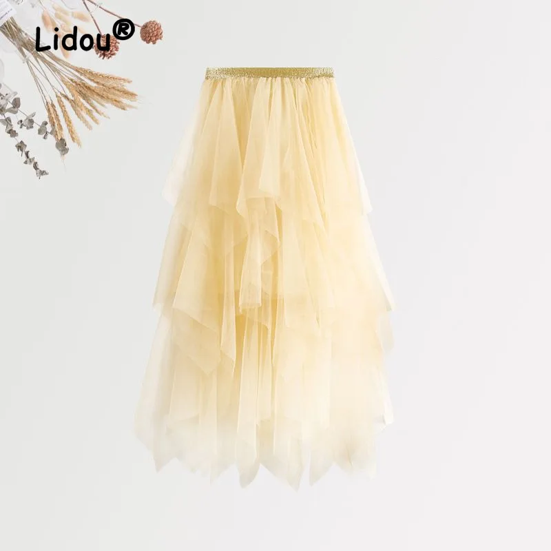 Elegant Irregular Slim Four Layers Gauze Skirt Women Classic High Classic Spring Casual All-match Good Quality Lady Midi Skirt little women including good wives