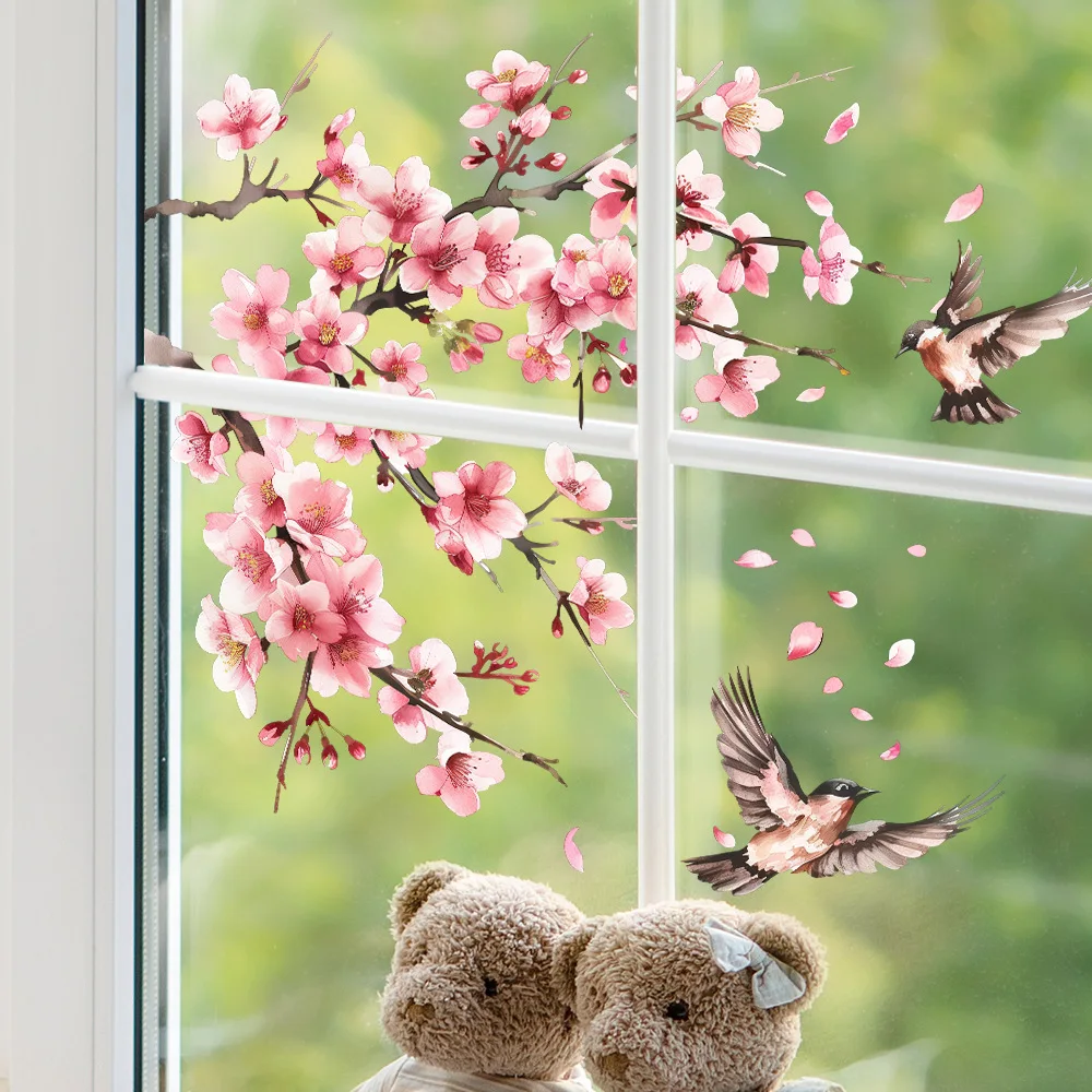 Pink Peach Blossom Bird Branch Water Painting Background Wall Stickers Window Self-adhesive Decal for Living Room