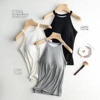 Basic Solid T shirts Women Slim Halter Neck Off-shoulder Camisole Tops Tees Summer Female Tanks Sleeveless With Chest Pad 3