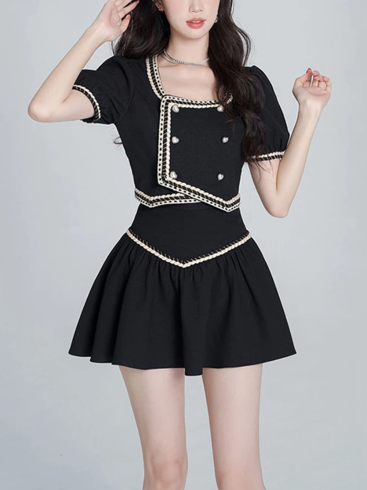 

Retro Elegant Two Piece Skirt Set Women Button French Vintage Mini Skirt Suit Female Casual Korean Fashion Skirt Set 2023 Summer