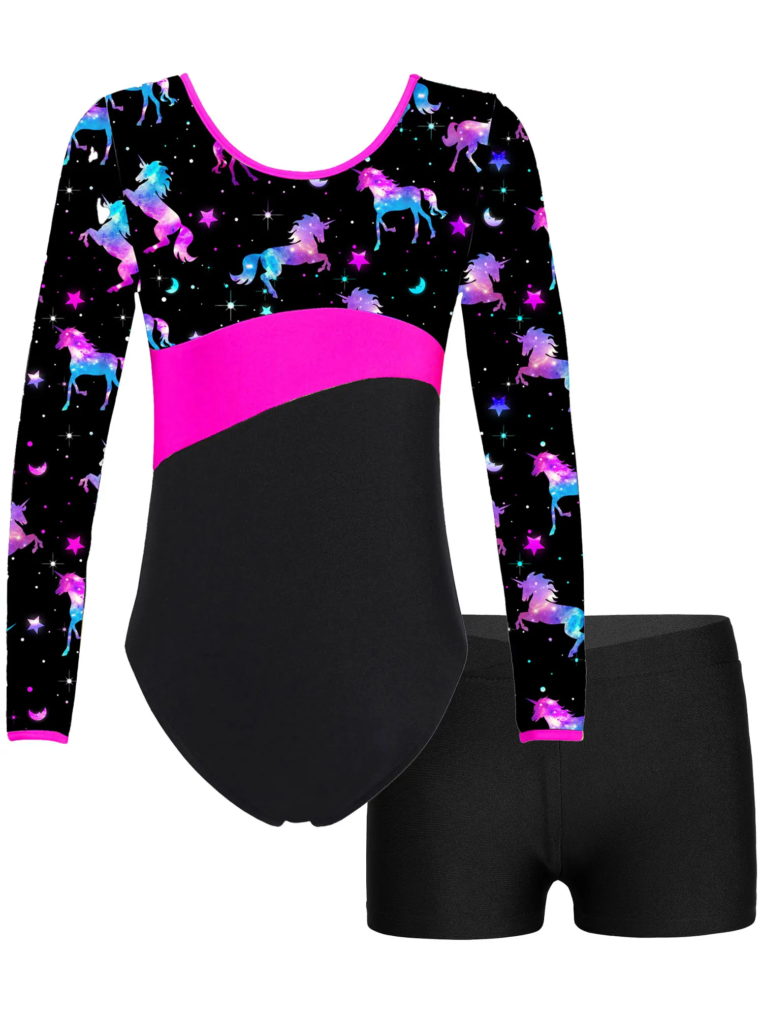 

Kids Girls Printed Patchwork Leotard Long Sleeve Round Neckline Bodysuit with Soild Color Shorts for Gymnastics Dance Exercises