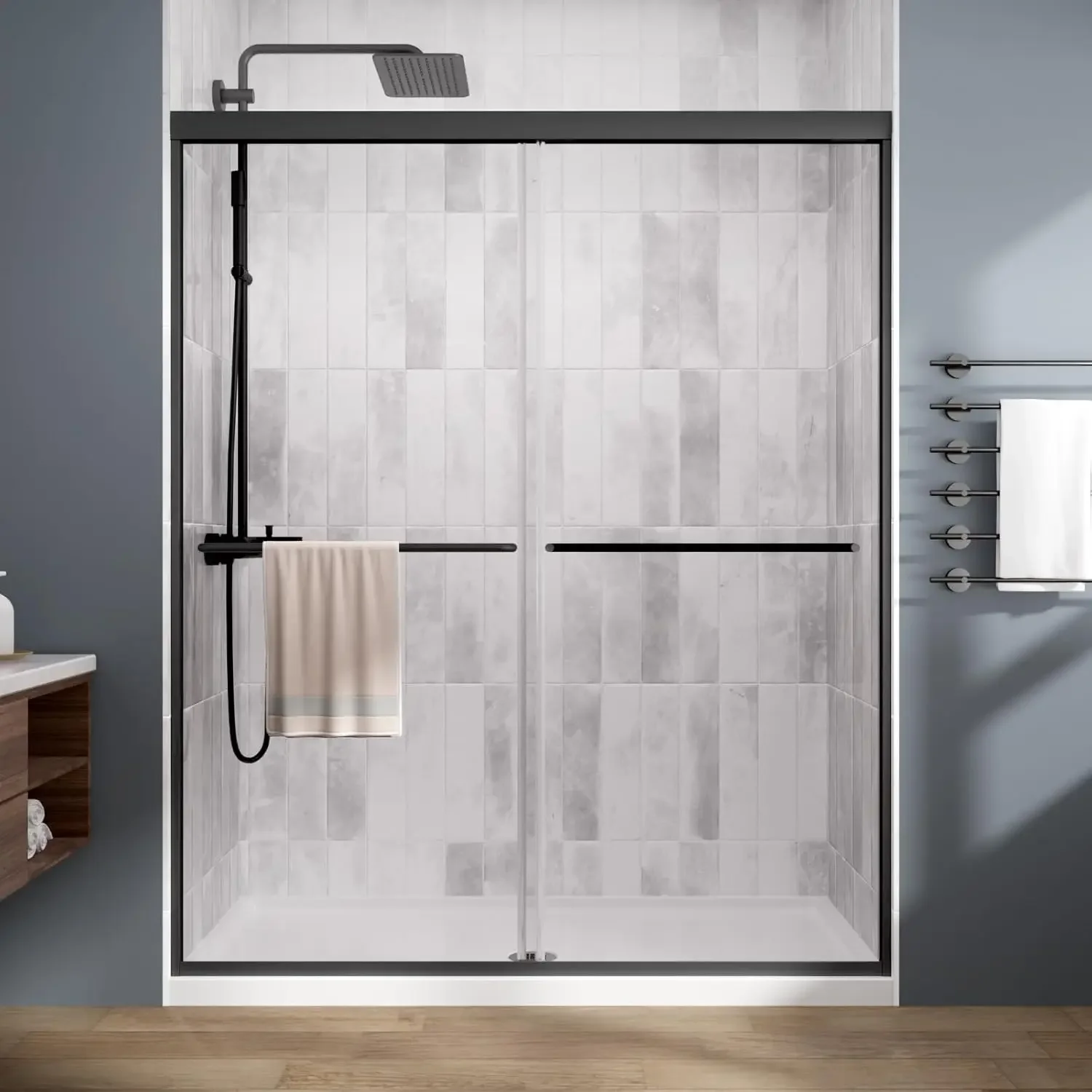Shower Door，Royal Guard 44-48" W x 70" H Semi-Frameless Double Sliding Glass  SGCC Tempered Glass，Bypass Shower ，Matte Black 2