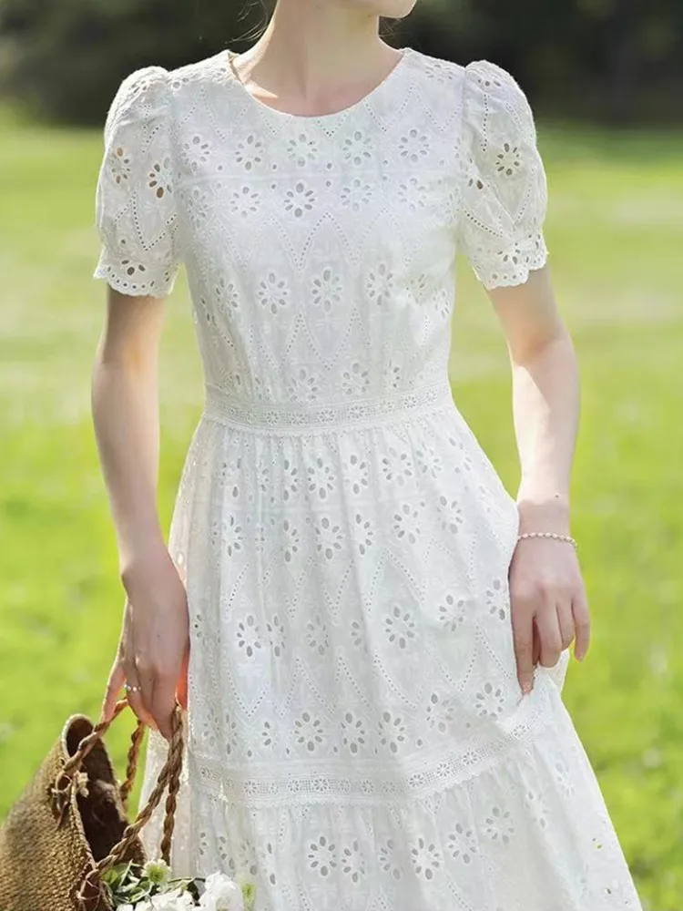 White Lace Hollow Out Dress Women Summer Embroidery Elegant Short