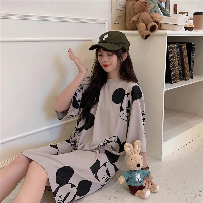 Summer Women T Shirt Cotton Quality Mickey Print T-shirt Mid-length Short Sleeve Girls Casual sexy long dress