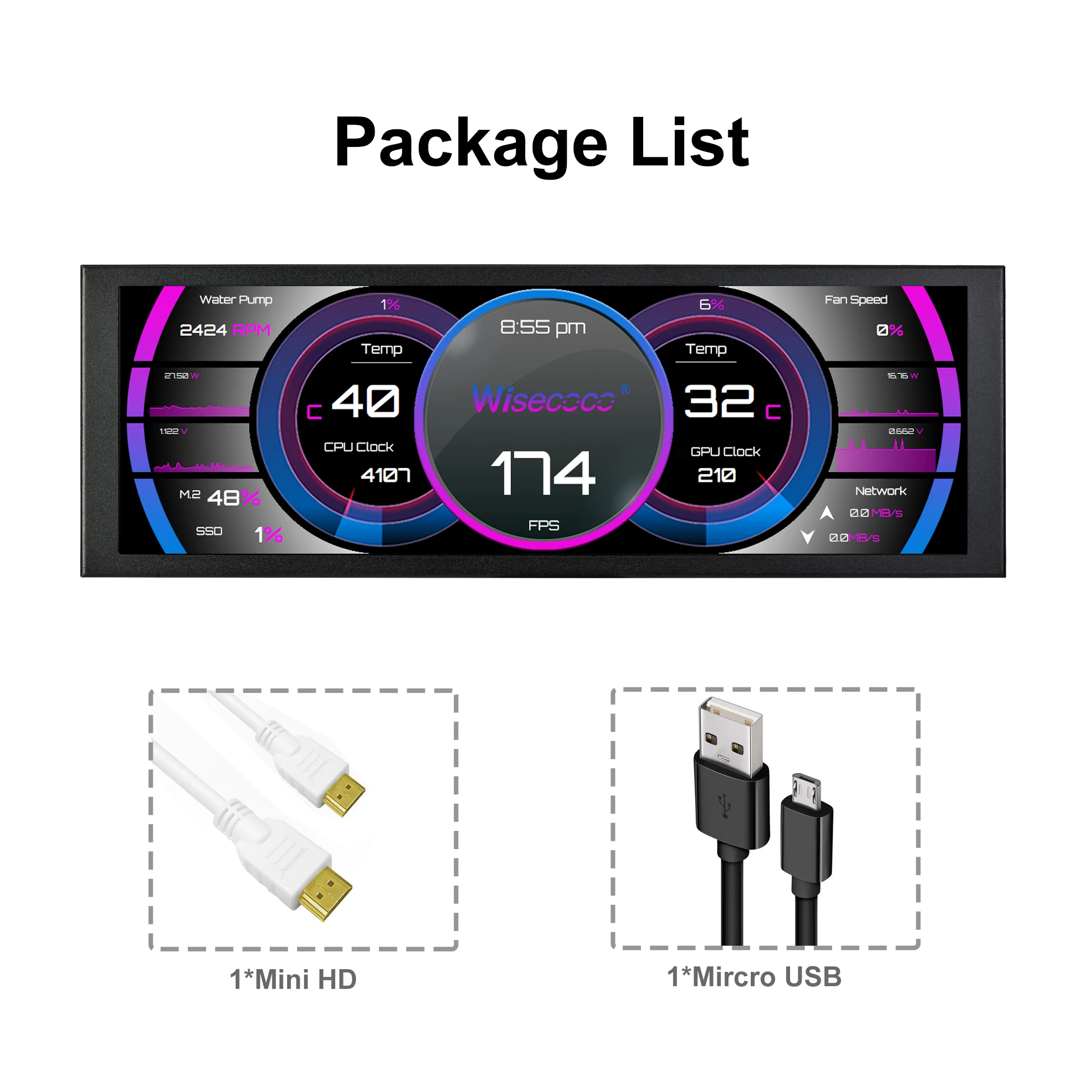 Display, 1920x480 IPS tela secundária, Raspberry PI 4, 3, Aida64, 7.84 