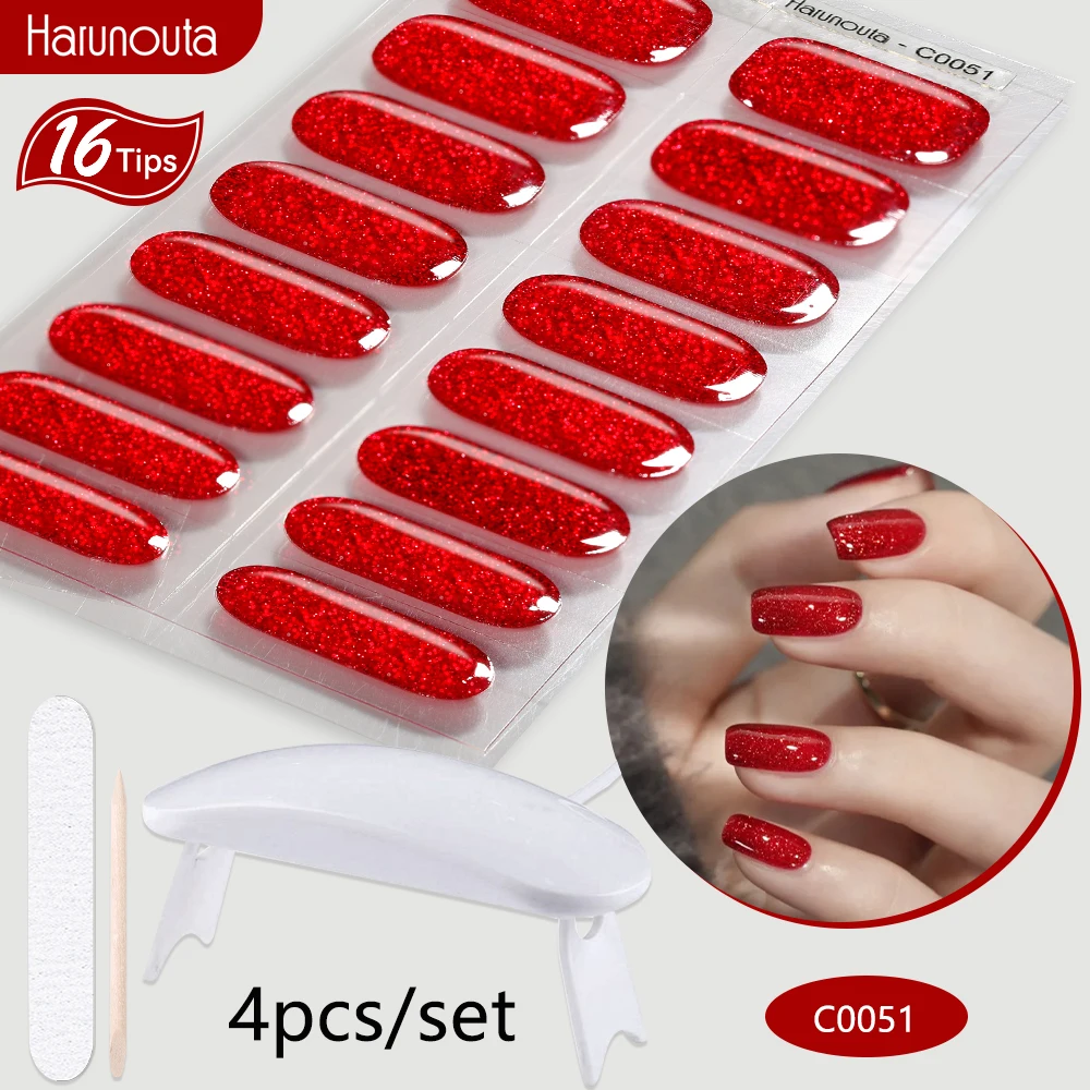 Harunouta 4Pcs/Set Semi Cured Gel Nail Strip with Nail Lamp