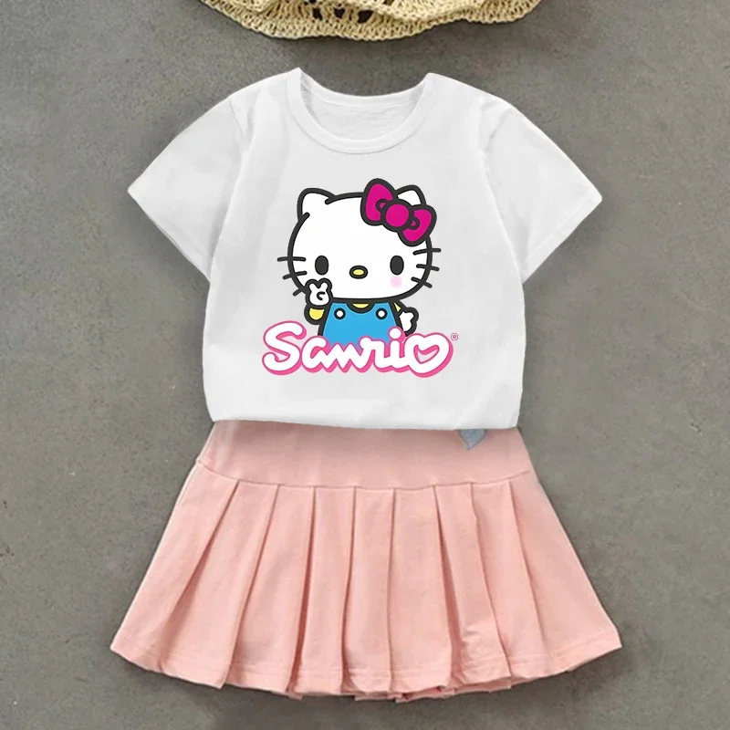 Hello Kitty Kuromi Kids Girls Student Uniform Skirts T Shirt Pleated Culottes Child Summer Skirt with Inner Safety Pant Dress 3