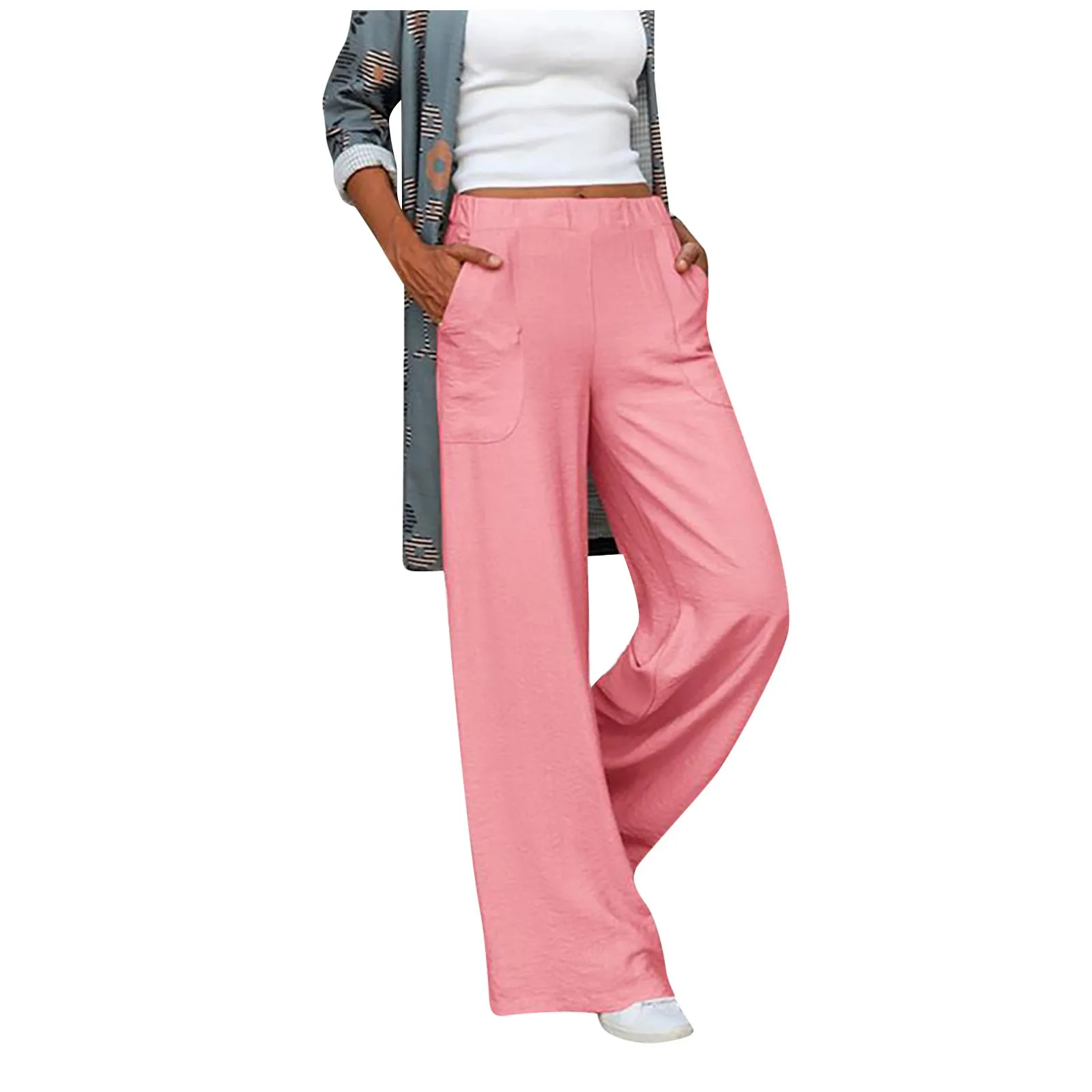 

Ladies Solid Color Cotton Linen Elastic Waist Loose Wide Leg Pants Casual Pants Woman Clothing Pants For Women Cargo Pants штани