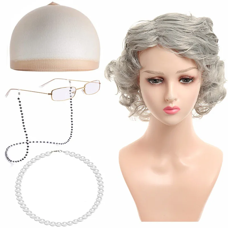 Old Lady Costume Women Kids Girls Adults 100 Day Of School Dress Up Grandma Grey Wig Granny Glasses Halloween Cosplay Accessory