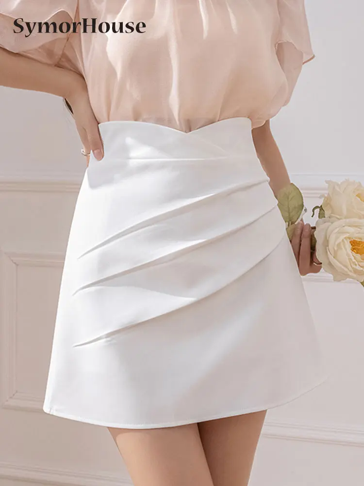 

Summer Black White Sime Pleated Short Skirts Women Korean Style High Waist Office Lady Elegant Folds A-Line Mini Skirt Girls