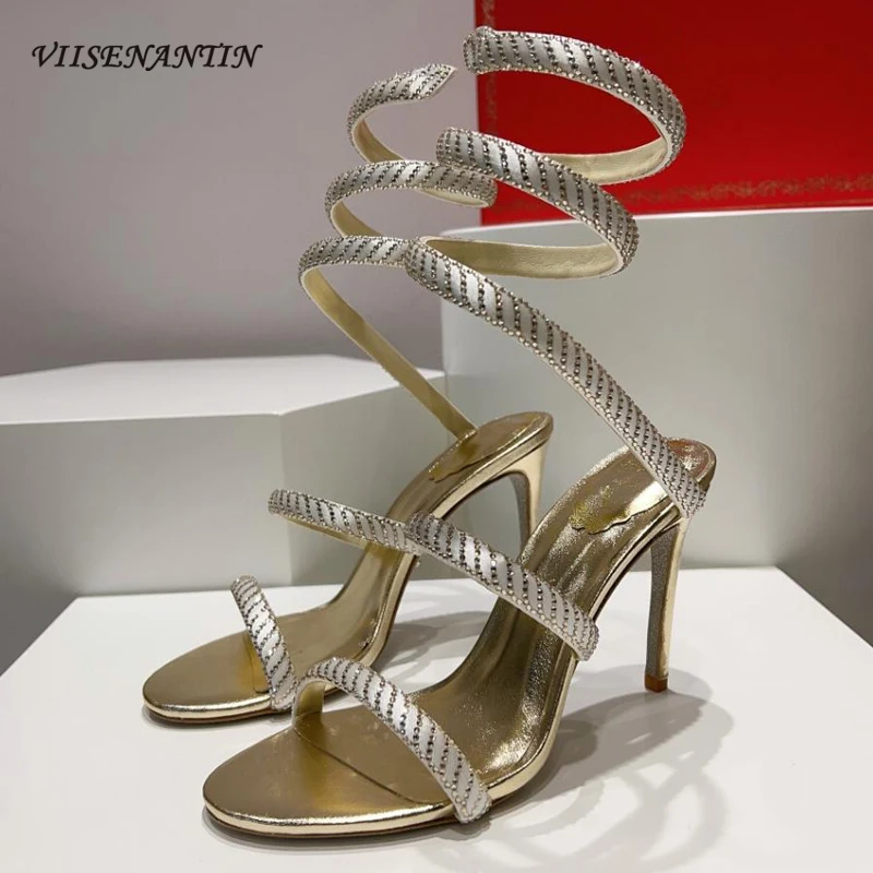 

Classics Serpentine Winding Ankle Strappy High Heel Sandals Women Crystal Decoration Narrow Band Party Wedding Shoes Females