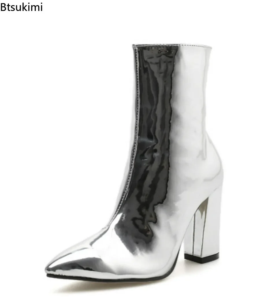 New 2024 Women's Sexy Patent Leather Ankle Boots Pointed Toe Square High Heel Shoes Zippered Knight Boots Female Botas De Mujer