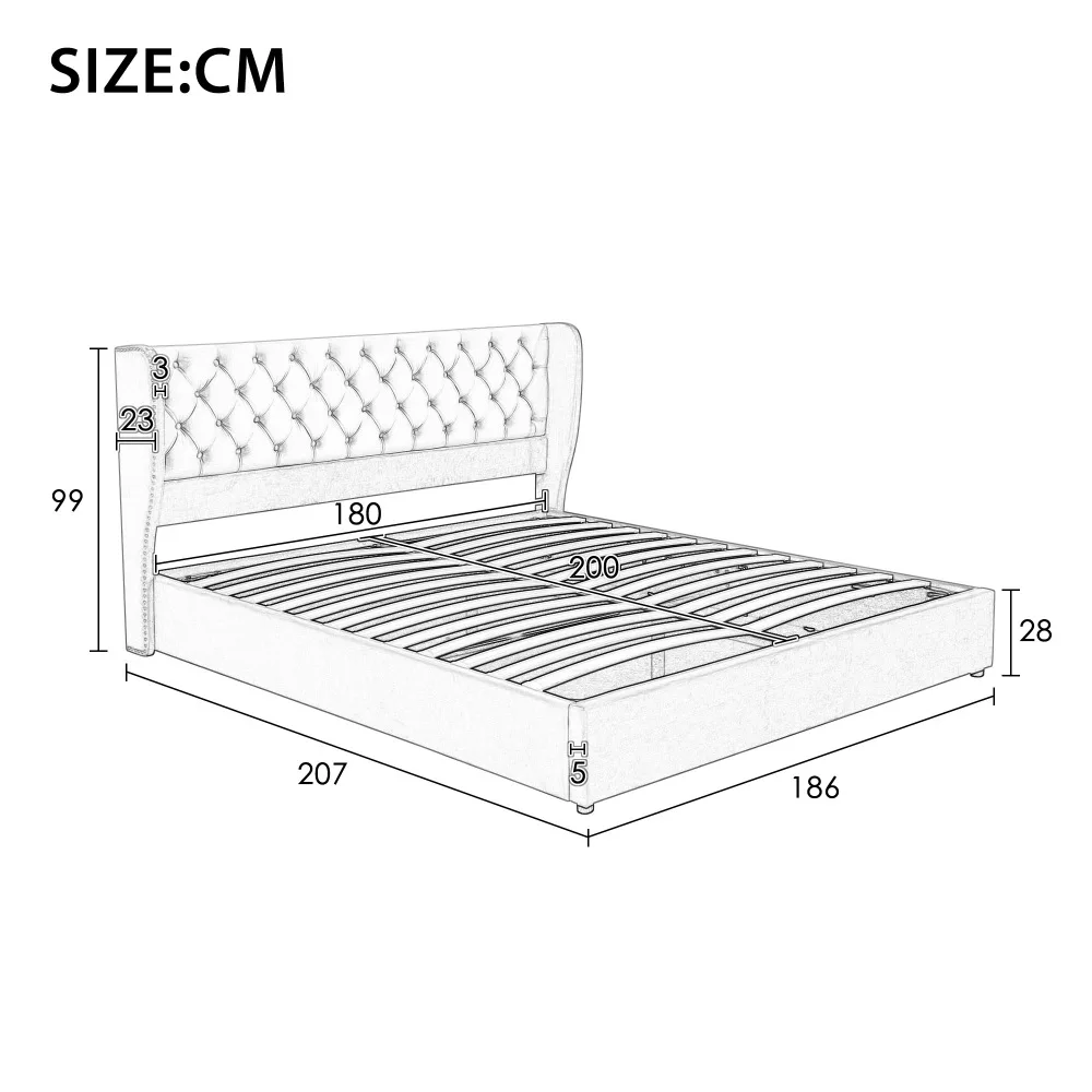 Gepolstertes Bett in Ohrenform aus Samtstoff mit Knopfnähten, Doppelbett, hydraulisches Funktionsbett mit Gittergitter und Stauraum – Detail 27