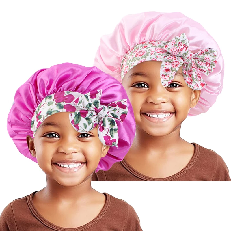 Kids Bonnet Cap 2PCS/LOT Elastic Kids Silky Satin Bonnet Cap Sleeping Hat Night Sleep Baotou Cap Cute Bow Hair Care Nightcap Bonnet Turban