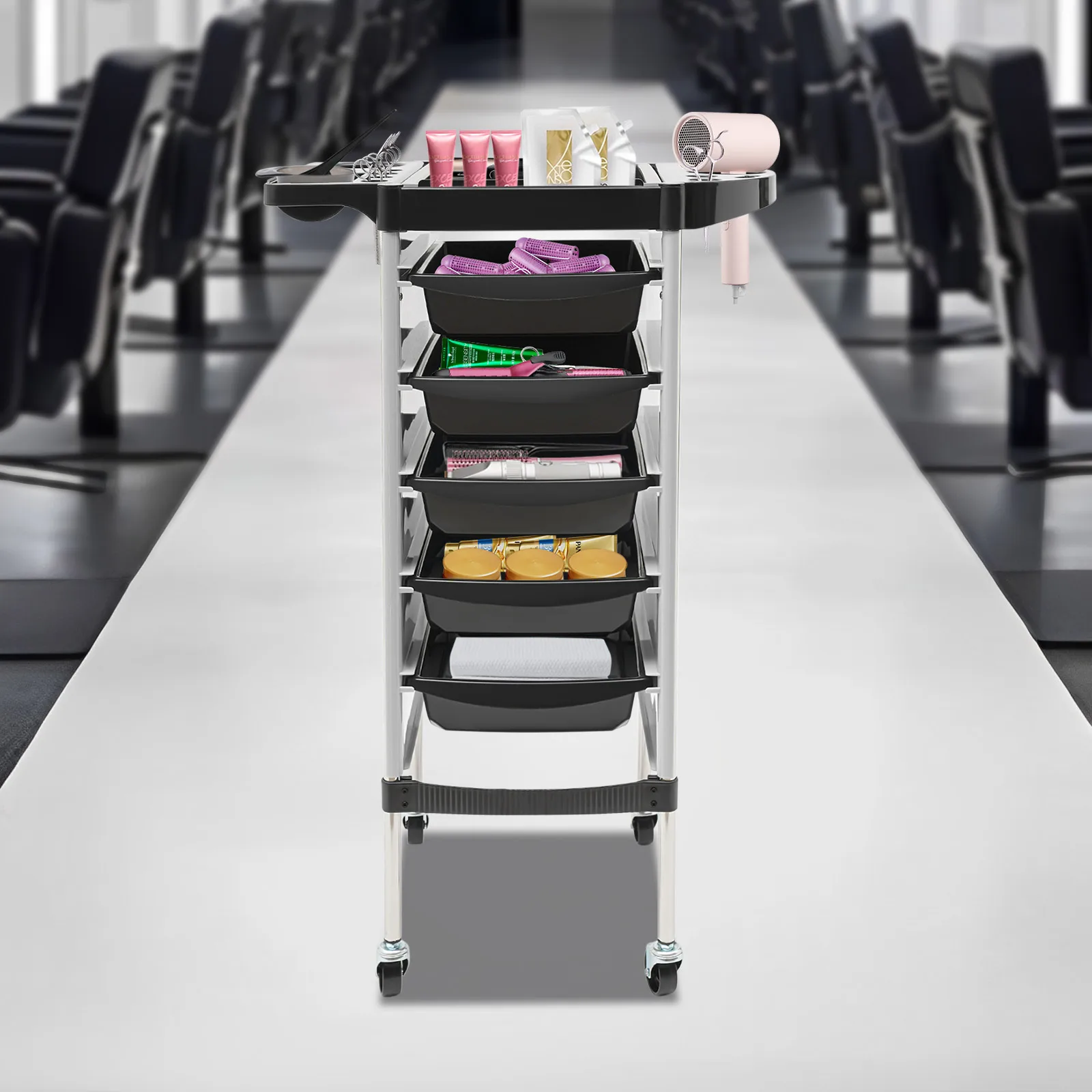 6-stufiger rollender Schönheitswagen, 5 Schubladen und faltbare Platte, Salon-Organizer aus Edelstahl für Friseursalon, Zuhause, Haustierbräutigam – Detail 19