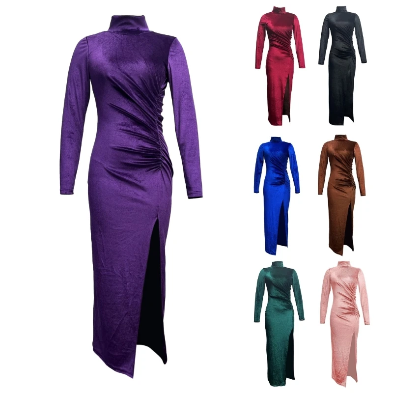 

N7YD Womens Sexy Turtleneck Long Sleeve Dress Split Bodycon Wrap Maxi Dresses Evening Party Formal Dress