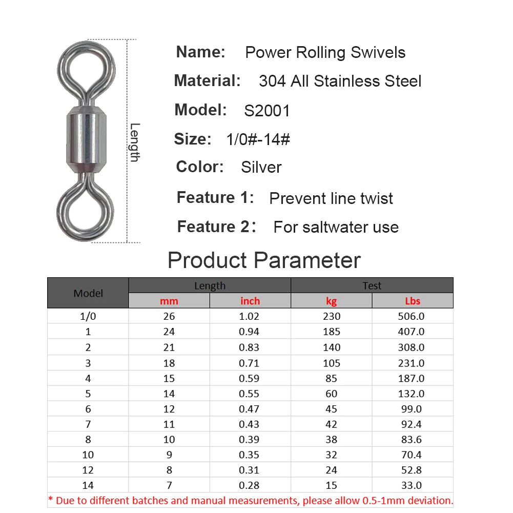 50/200pcs Power Saltwater Fishing Swivels All 304 Stainless Steel Strong Rolling Swivels 1/0#-14# Lure Hook Fishing Connector 3