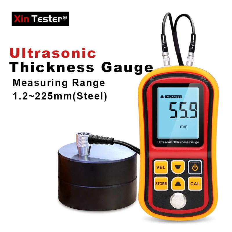Xin Tester Digital Ultrasonic Thickness Gauge Tester Metal Glass 1.2-225mm Sound Velocity Meter 0.1mm Resolution LCD Display